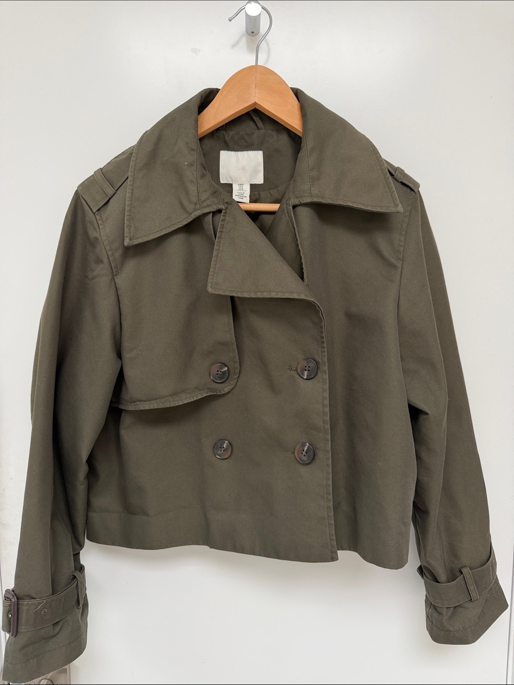H&M Olive Green Women's Cropped Trench Coat - size M